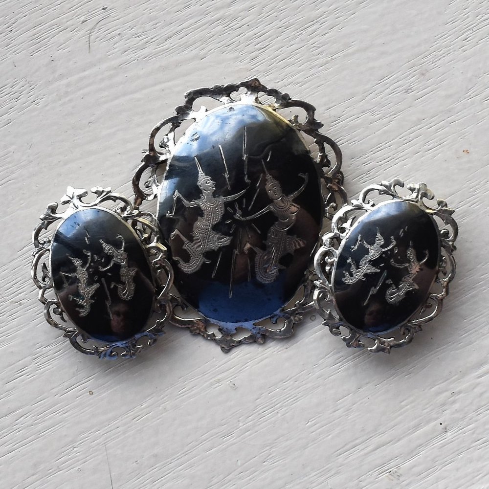 Siam Niello Sterling Brooch and Clip Earrings